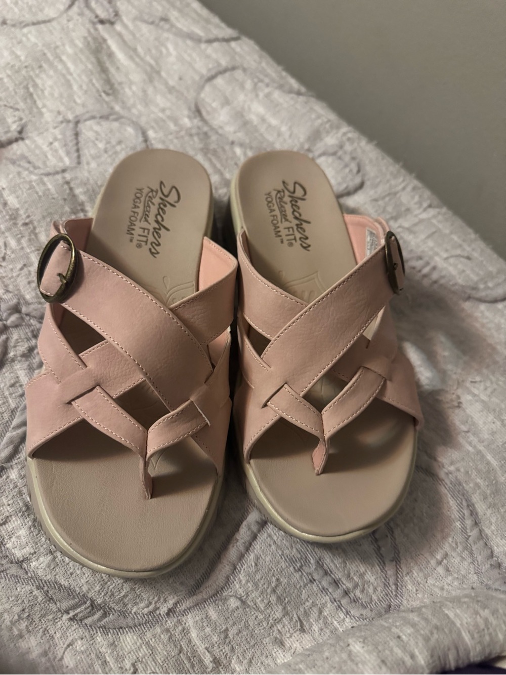 Skechers Women's Blush Pink Crisscross Slide Sandals with Buckle